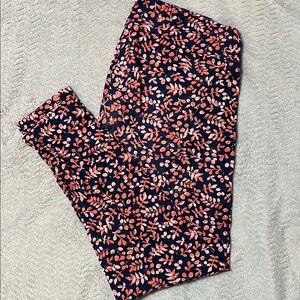 LuLaRoe Women's Leggings - Navy and Coral Leaf Print